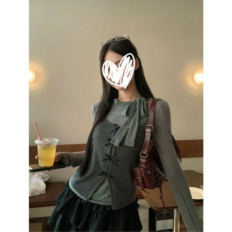 长袖打底衫女2025新款早秋灰色t恤修身巨好看的上衣两件套#TZ7230
