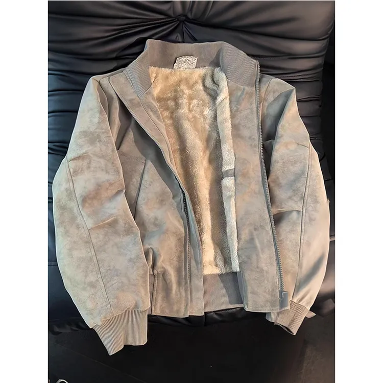 美式雾面扎染外套男女款冬季加绒加厚夹克棉服立领PU皮机车服皮衣