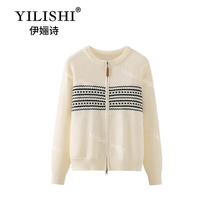 2025年新款费尔岛圆领拼色提花毛衣双拉链设计感开衫外套A33