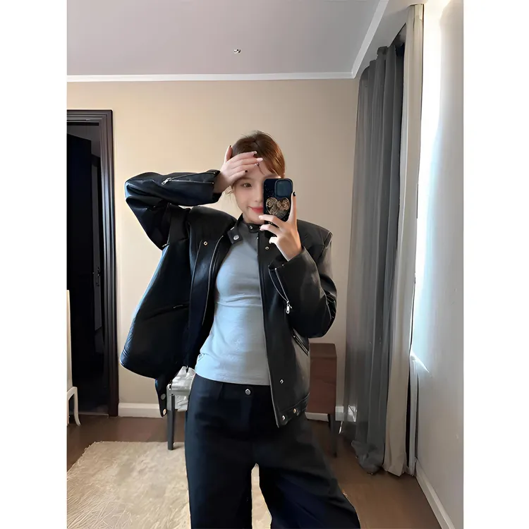 黑色机车出行皮衣外套女早春新款美式高级感洋气宽松休闲百搭夹克