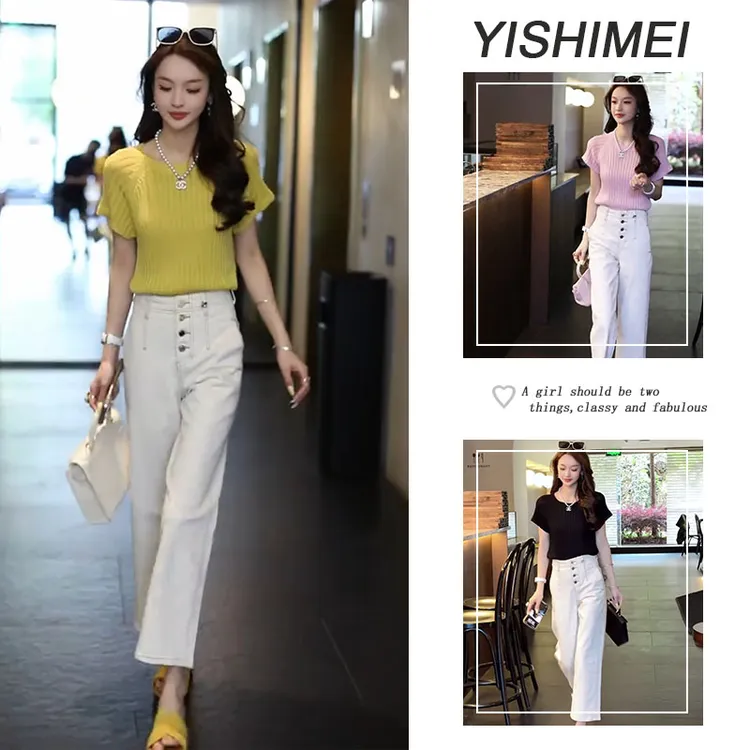 今年流行夏季穿搭一整套2025年新款韩系百搭短袖上衣牛仔裤两件套