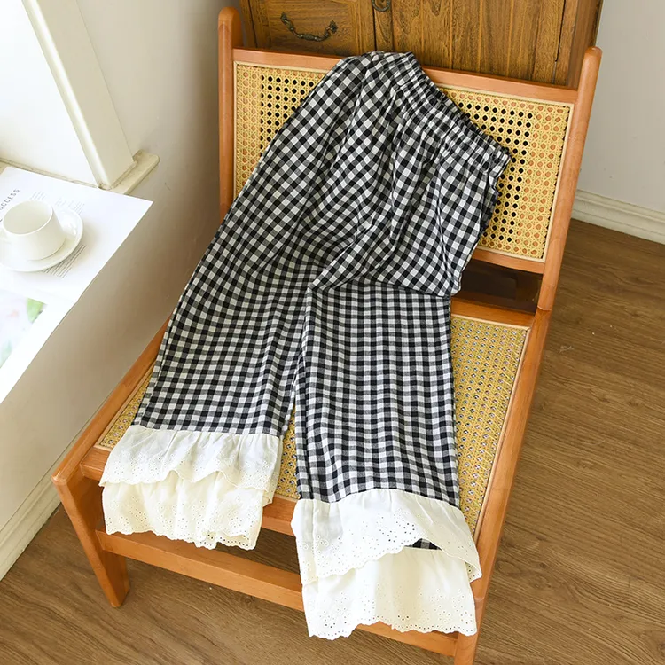 2025新款蕾丝裤女春夏纯棉格子8分裤可外穿休闲裤家居裤韩版爆款