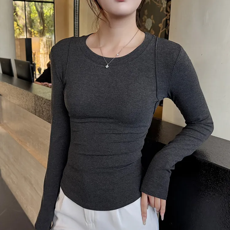 长袖圆领打底衫女春秋内搭显瘦时尚洋气百搭修身纯色外穿上衣韩版