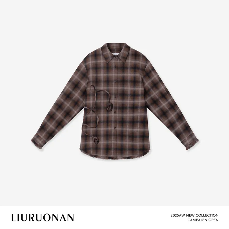 LIURUONAN 25FL【格子郁金香衬衣】复古格纹毛边设计感翻领长袖衬衫