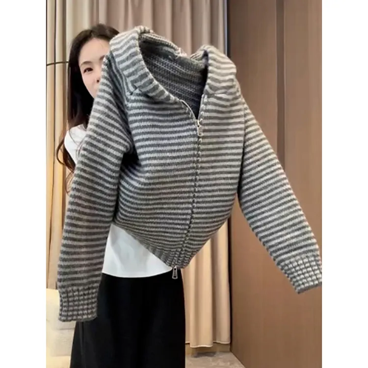 2025冬季新款高级感别致显瘦短外套欧美气质简约条纹连帽长袖毛衣