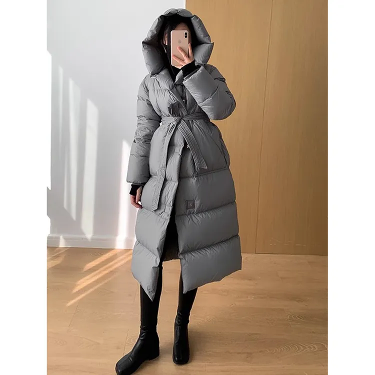 DUCURNO灰色长款羽绒服女冬季2025新款加厚高端收腰显瘦过膝保暖