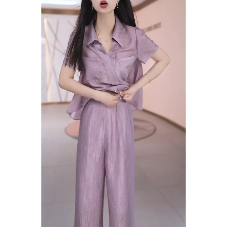 时尚休闲套装女2025年夏季新款洋气遮肉显瘦短袖上衣阔腿裤两件套