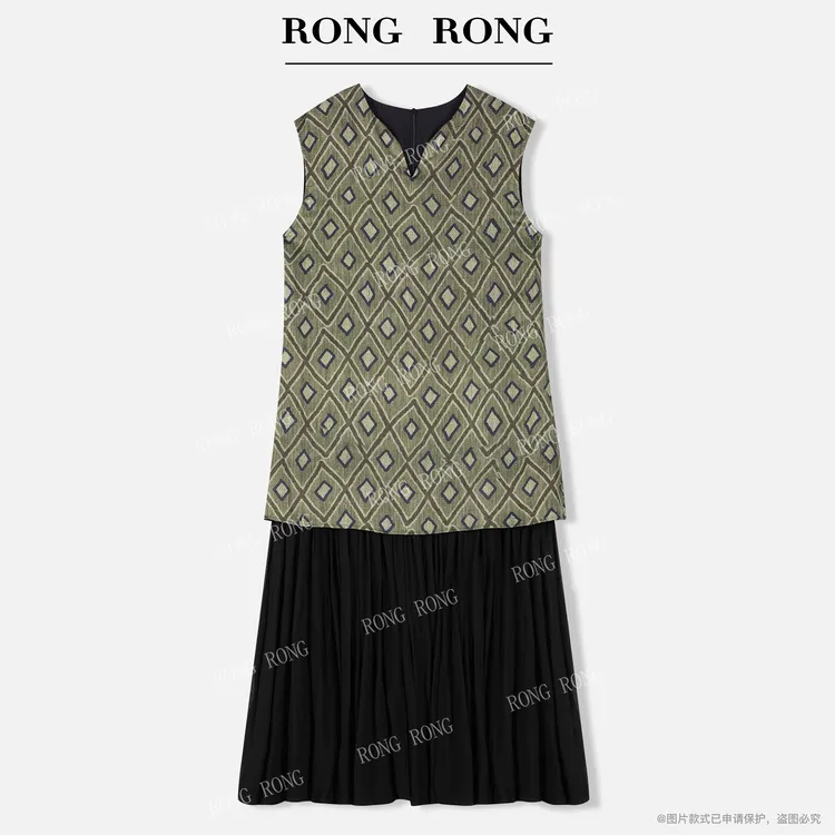 溶溶【几何千叠】RONRGONG V领中式民族风几何印花法式连衣裙AW562