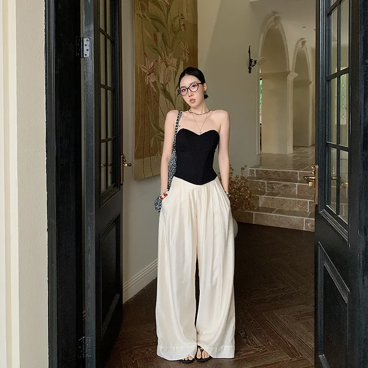 十三粥 褶光 透气慵懒休闲阔腿裤女夏季薄款高腰显瘦宽松直筒长裤