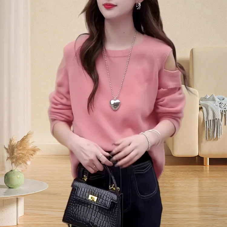 早秋气质穿搭西瓜红长袖露肩设计洋气减龄针织衫欧货高端简约上衣