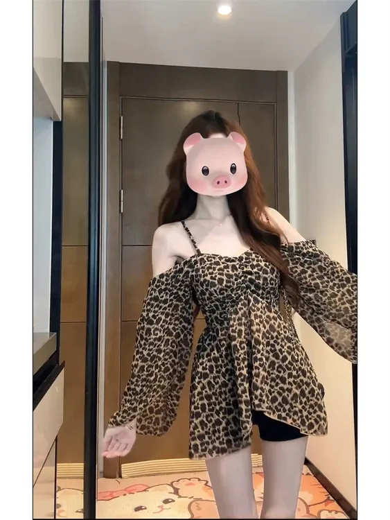 【妙想】微胖mm纯欲性感豹纹吊带衬衫女设计感衬衣别致绝美上衣潮