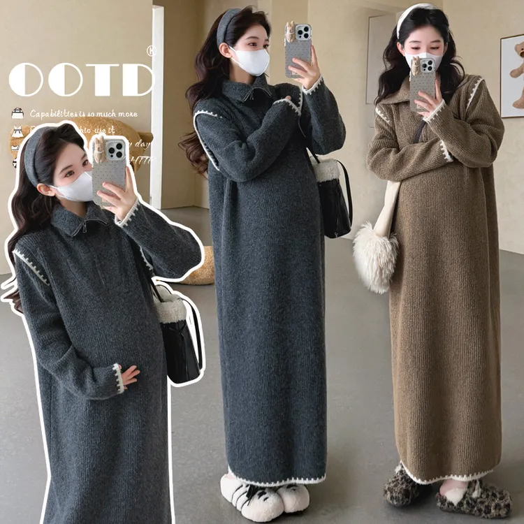 孕妇装秋冬新款宽松加厚毛衣裙慵懒大码显瘦高领过膝冬季打底长裙