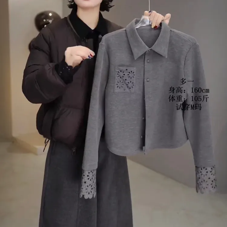 多一“纤月”钩花翻领单排扣镂空长袖拼接百搭正肩开衫