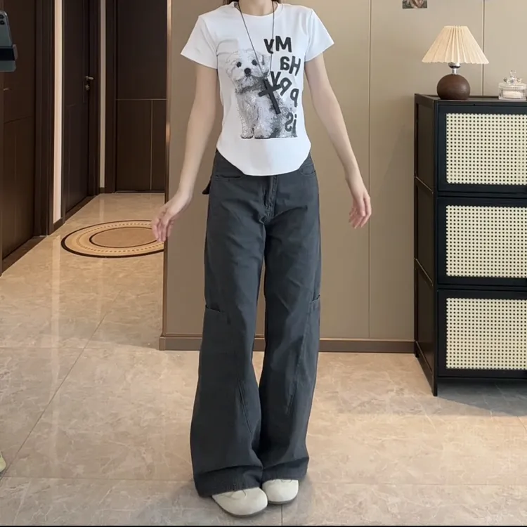 浅灰工装微喇裤女2025秋季新款高腰显瘦多口袋不贴腿拖地喇叭裤潮