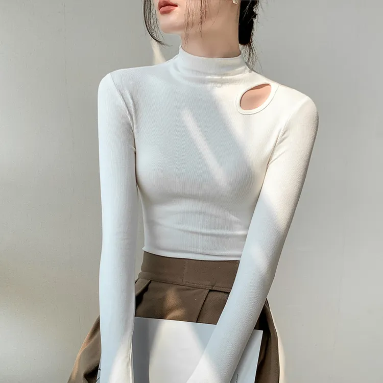 半高领打底衫女秋冬高级感螺纹长袖恤2025新款修身时尚镂空长袖
