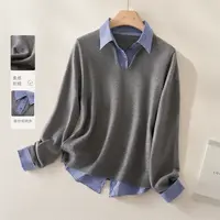 IHIMI/海谧2025年冬季新款女装厚款上衣V领格纹假两件毛衣针织衫