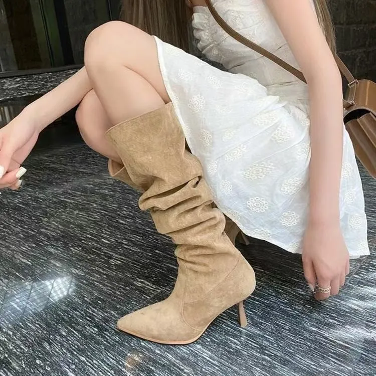 堆堆靴尖头细高跟靴子女2025秋冬新款时尚超长高筒过膝卡其色长靴