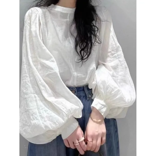 高级感亚麻灯笼袖棉白色麻衬衫女秋季减龄小众洋气泡泡袖防晒上衣