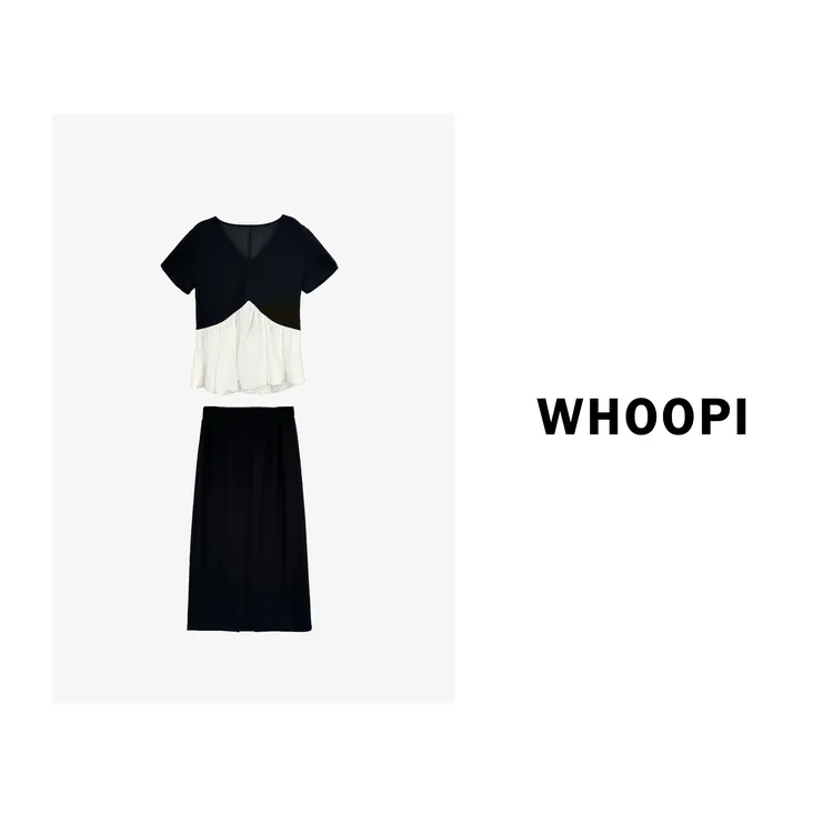 【Whoopi】【香颂假日】经典黑白撞色拼接V领荷叶边上衣+半身裙