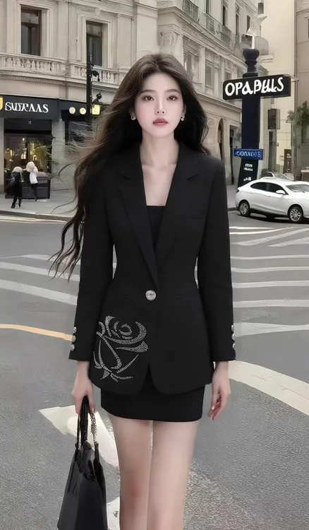 【现货】小众设计显瘦时尚通勤风黑色长袖正肩V领系扣高级感外套女