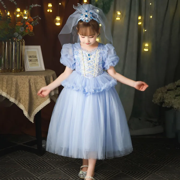 2025新款女童夏季爱莎公主连衣裙儿童发光艾莎生日礼服蓬蓬纱裙子