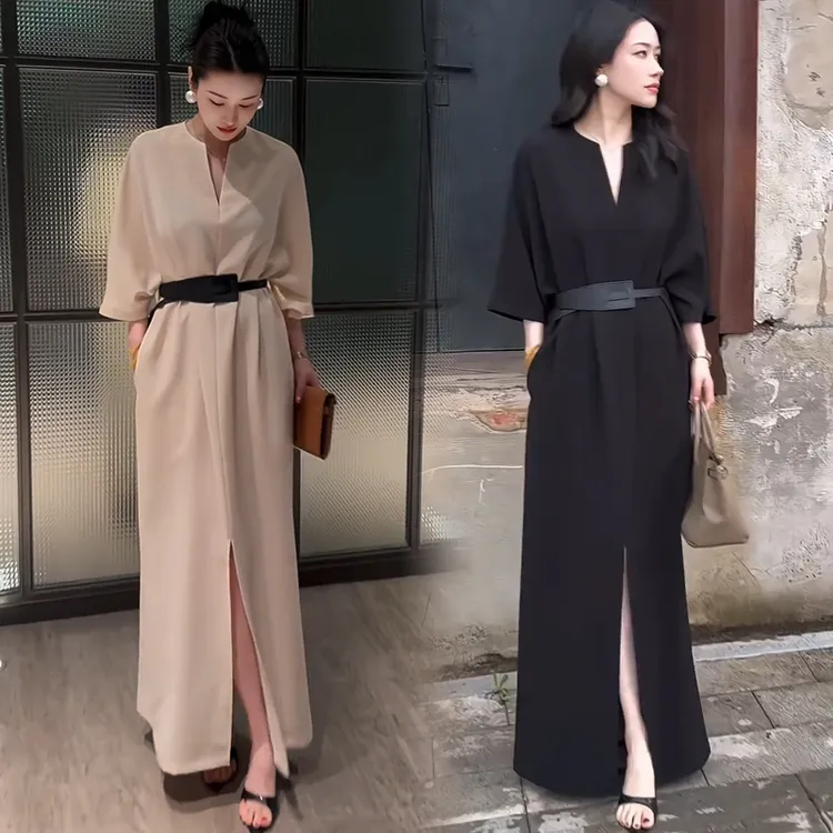 拉夏贝尔时尚V领连衣裙女2025秋季新款显瘦插肩裙中长款直筒裙潮
