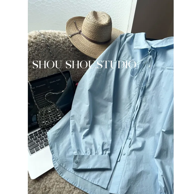  【瘦瘦】蓝调冰岛-大码秋款翻领绑带蝴蝶结长袖百搭显瘦衬衫S01872