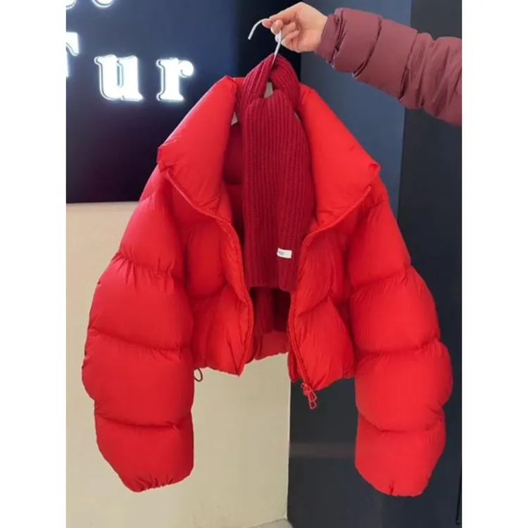 法式红色系带连帽棉衣棉服女2025冬季新款小香风洋气保暖洋气外套