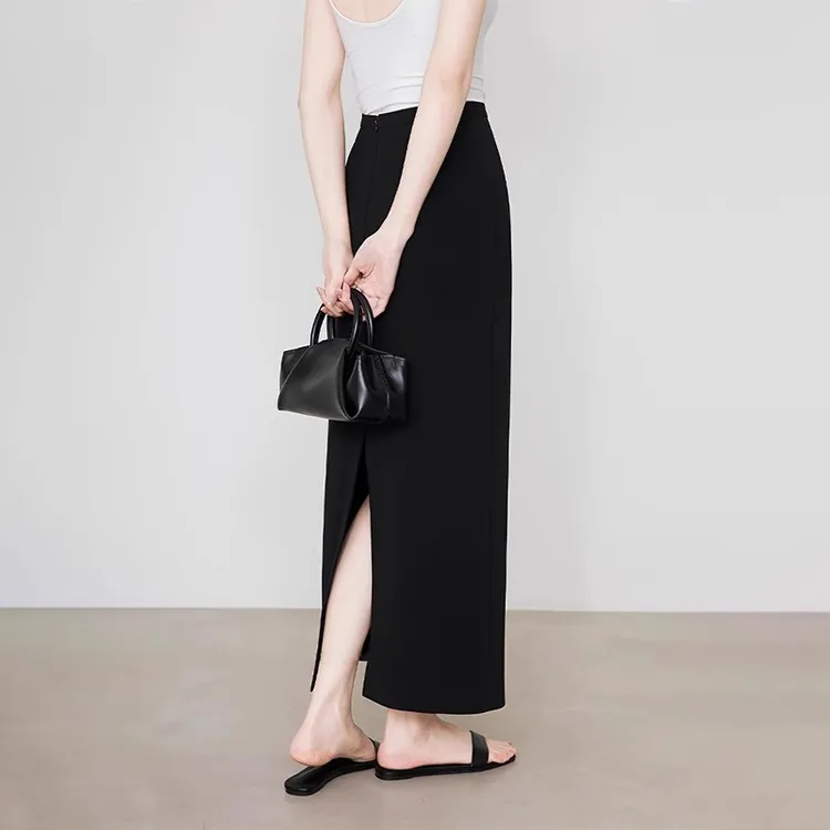 春夏新款黑色西装半身裙梨型高腰显瘦开叉中长款西装裙直筒A字裙