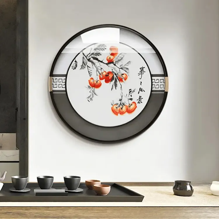 柿柿如意装饰画圆形刺绣玄关高档客厅走廊挂画新中式JH