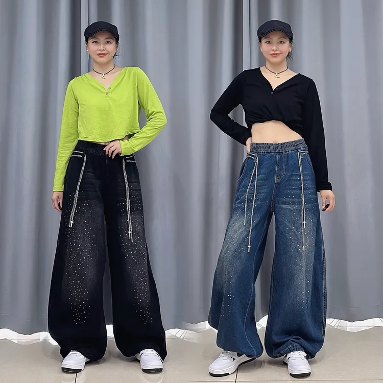 街舞潮牌烫钻双抽绳牛仔长裤辣妹时尚休闲显瘦长裤