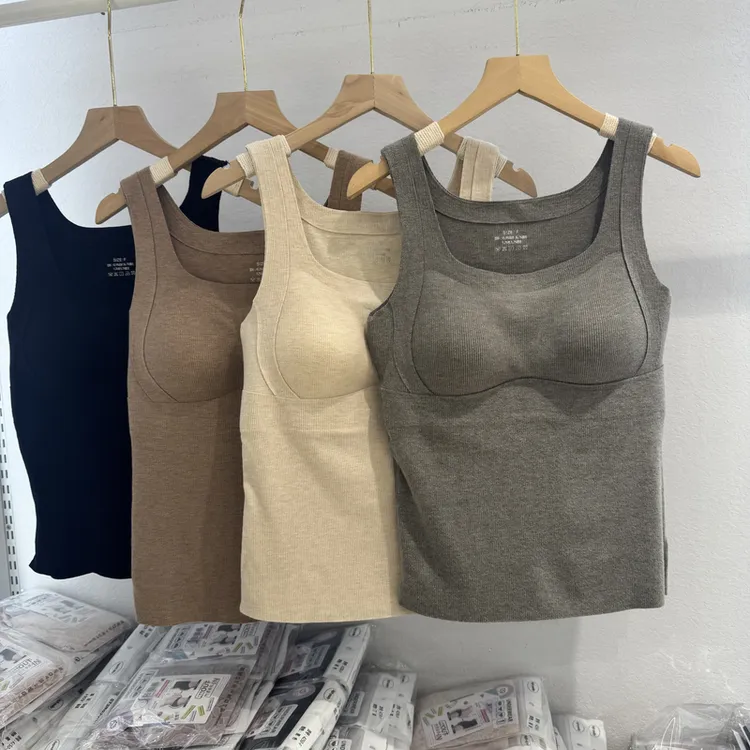 秋冬款无痕发热绒长款保暖背心内衣女带胸垫一体内搭无袖打底上衣