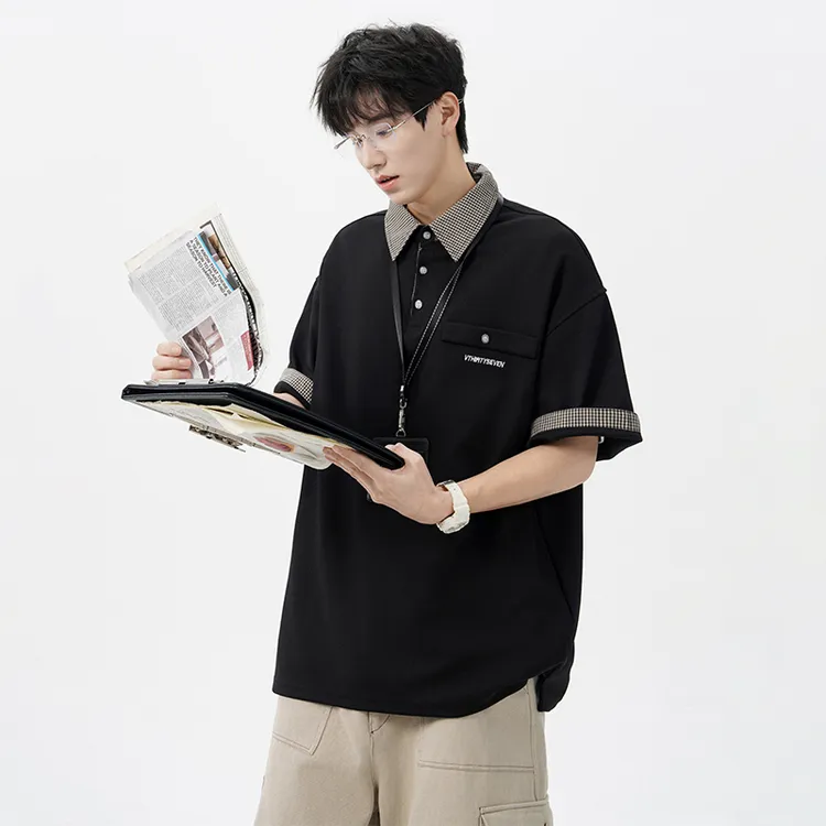 V37假两件polo衫短袖t恤男2025新款夏季潮牌翻领高级感宽松上衣女