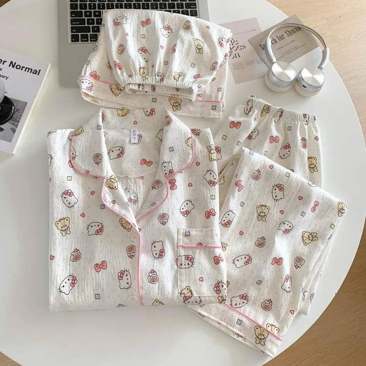 卡通Kitty猫睡衣女云朵棉三件套装短袖短裤长裤大码家居服可外穿