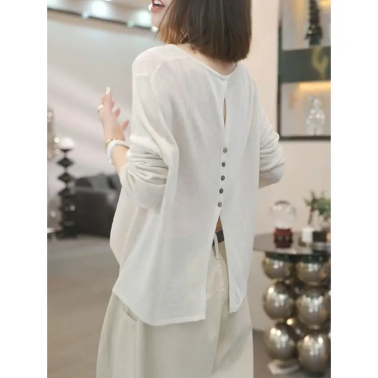 2025春秋新款后背扣子镂空长袖针织衫女纯色百搭夏季防晒长袖罩衫