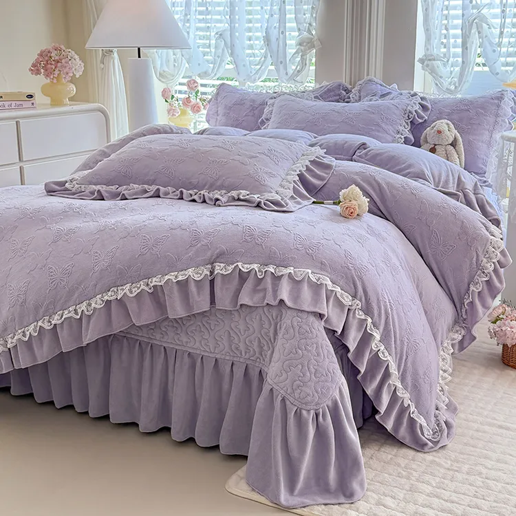 韩版花边款牛奶绒夹棉床盖四件套公主风A类牛奶绒雕花床盖四件套4