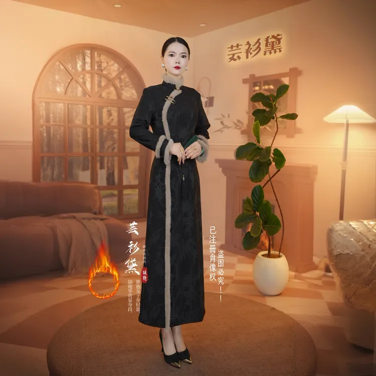 【黑卡其，加绒】新款加厚绒冬款毛领中式高端妈妈装国风长款旗袍