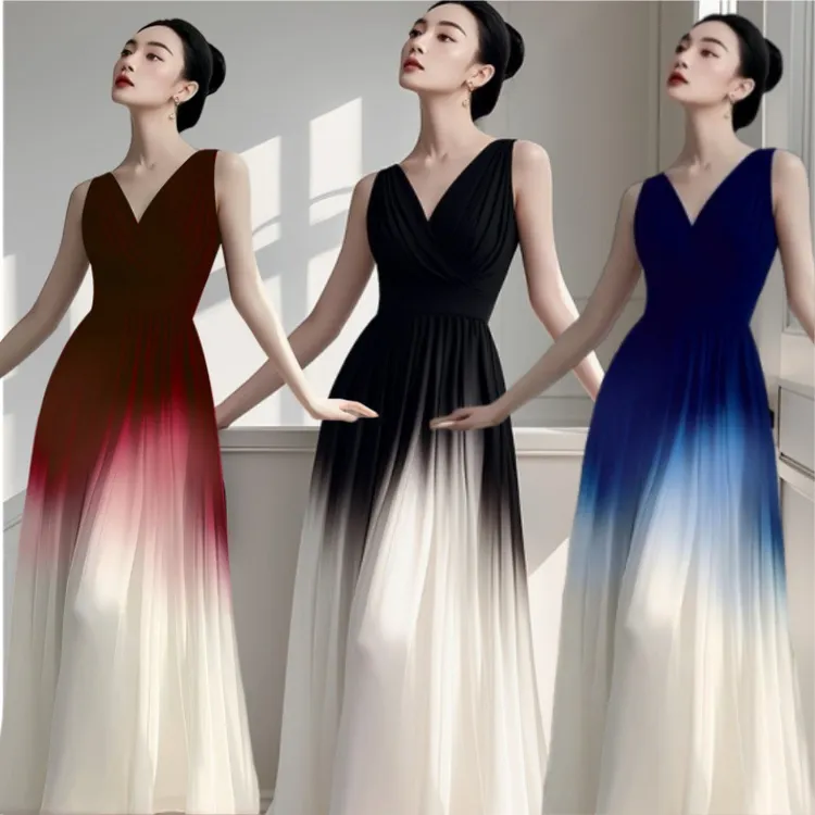 小众不撞款黑白渐变无袖连衣裙女夏季独特绝美法式时尚气质长裙子