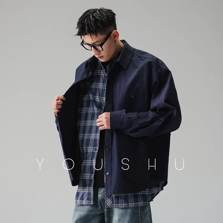 YOUSHU「隐奢序章」工装格子假两件长袖衬衫男秋季美式潮牌衬衣