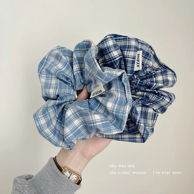 韩版蓝色格纹大肠发圈女高级感发绳扎头发橡皮筋头绳超大头花皮套