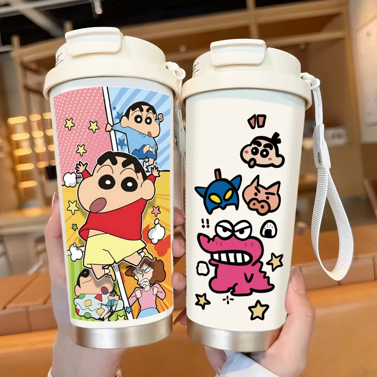 蜡笔小新保温杯学生水杯高颜值吸管大容量保温锁冷咖啡双饮杯