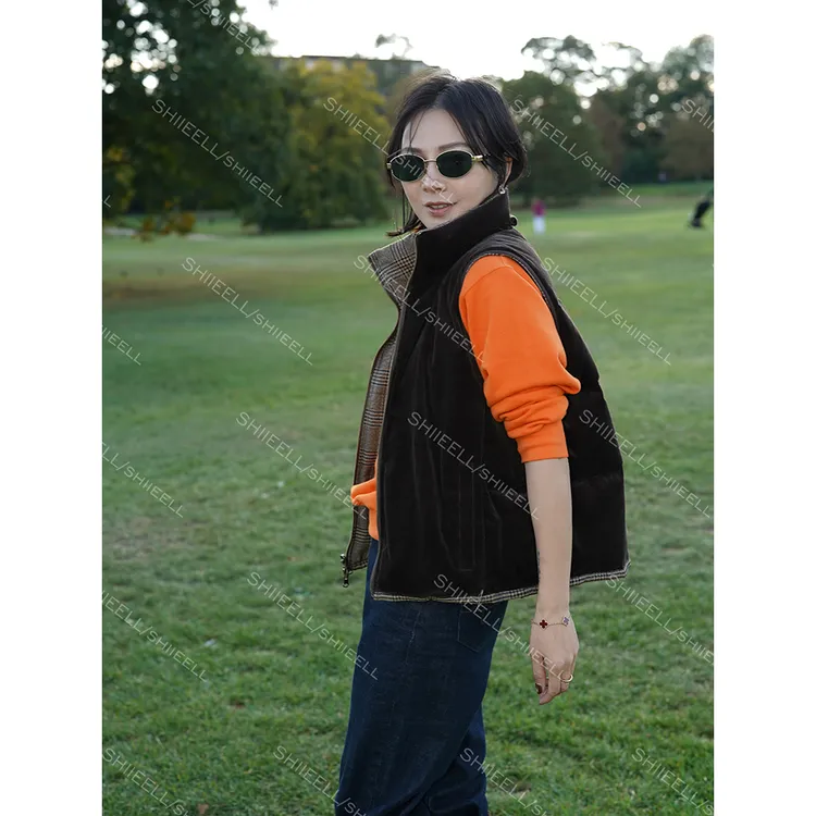 SHIIEELL【双面格纹】户外双面穿千鸟格灯芯绒宽松鹅绒马夹Z1993