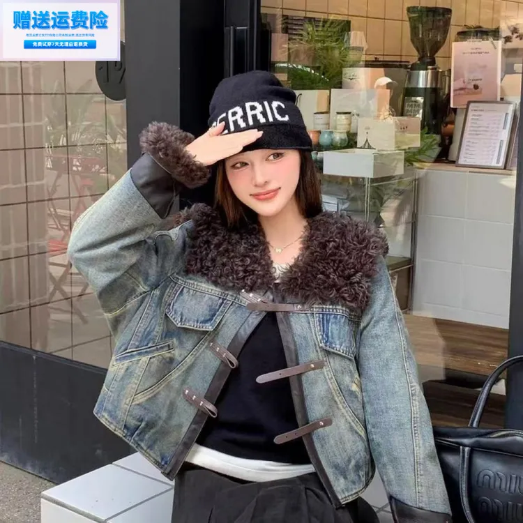 （运费险）拼接时尚短款毛毛领女方领加厚翻领厚款复古羽绒服冬季休