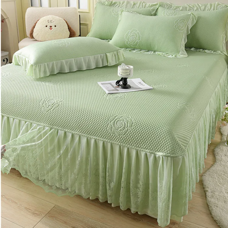 【玫瑰清绿 】PE高分子全凉感100乙纶 床裙款双层花边 凉席三件套