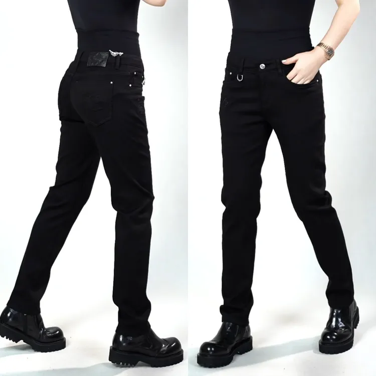 迪卡里奥费雷羊毛桑蚕丝牛仔裤53NZ588秋冬男装复古黑磨毛牛仔裤