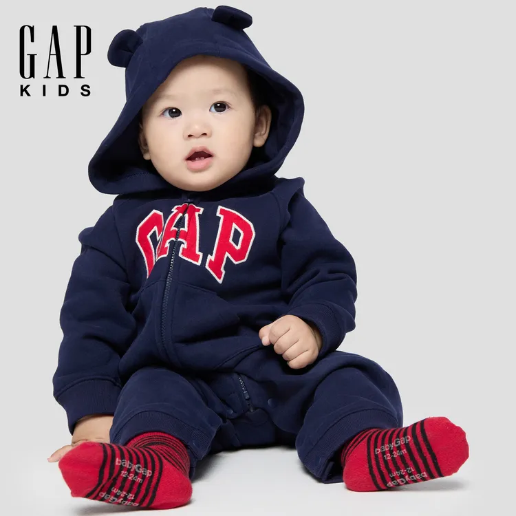 gap童装婴儿2025秋季logo小熊耳朵连帽开裆连体衣 DR 805374