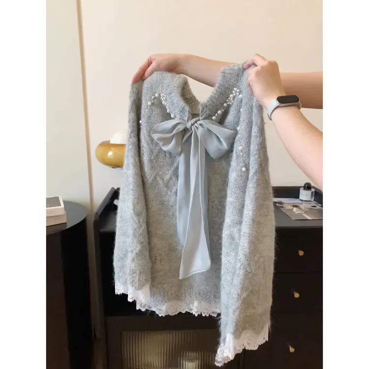 灰色小香风蝴蝶结拼接套头毛衣女2025秋冬季慵懒风高级感针织上衣
