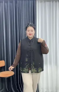 110-240斤特大码加肥立领民族风山河提花刺绣宽松胖妈妈马甲女