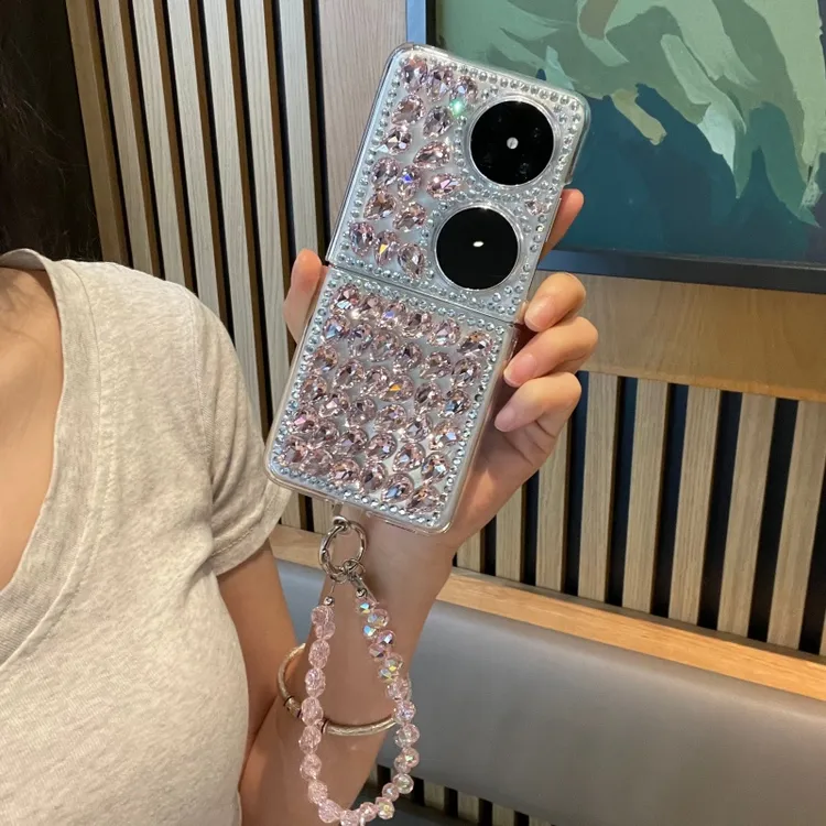 适用华为pocket2手机壳粉色满钻手机壳pocketS轻奢水晶手提链p50