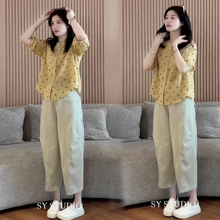 夏季减龄一整套穿搭法式设计感长袖波点衬衫阔腿休闲裤洋气两件套